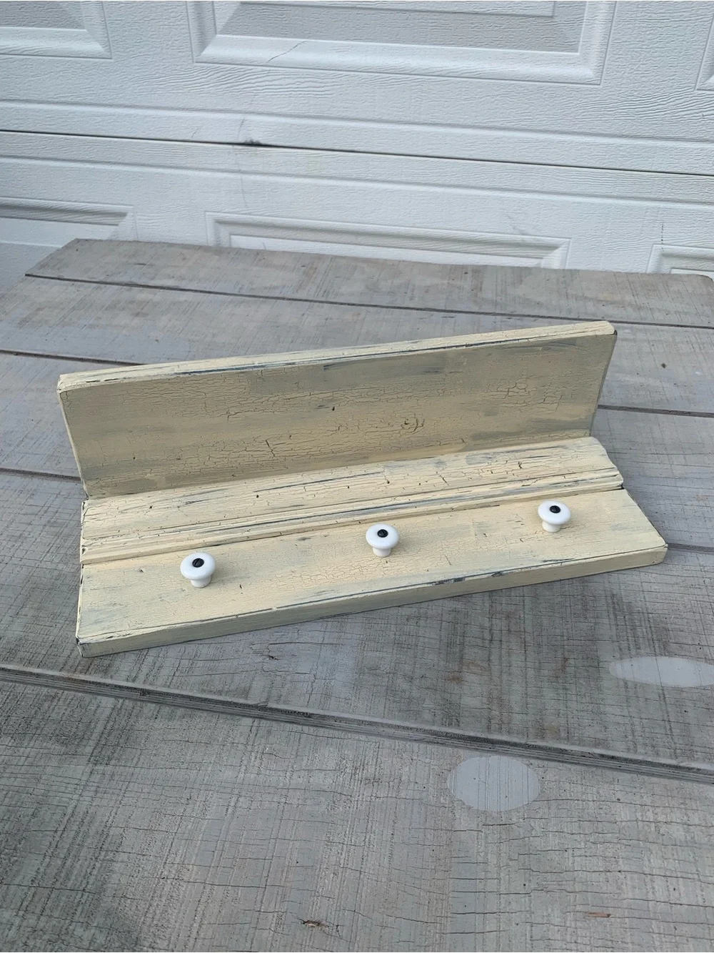 Vintage Farmhouse Wall Shelf with 3 Shaker Pegs Distressed White 17.5” Coat Rack